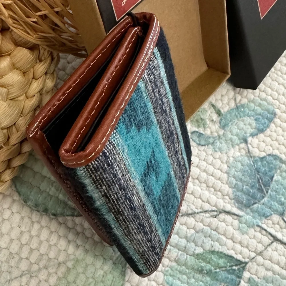 New Tony Lama Tri-Fold Wallet RFID Blue Aztec Canvas Leather Cowboy Western